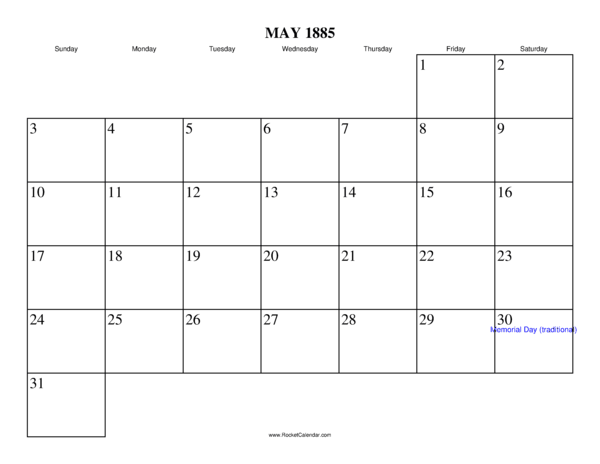 May 1885 Calendar