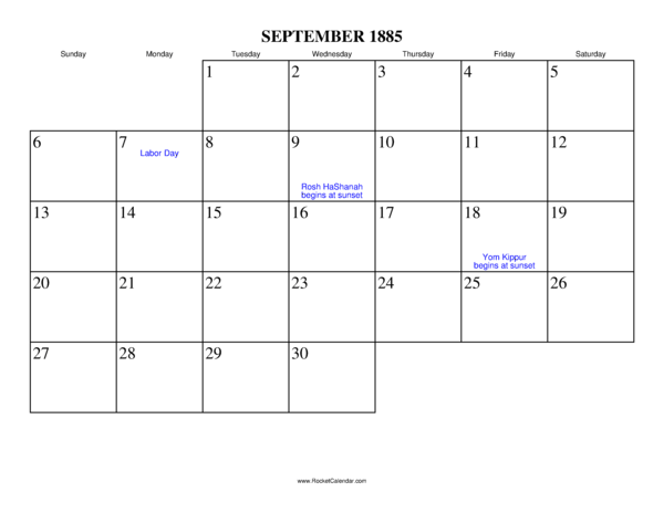 September 1885 Calendar
