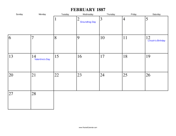 February 1887 Calendar