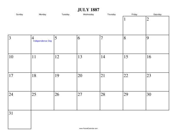 July 1887 Calendar