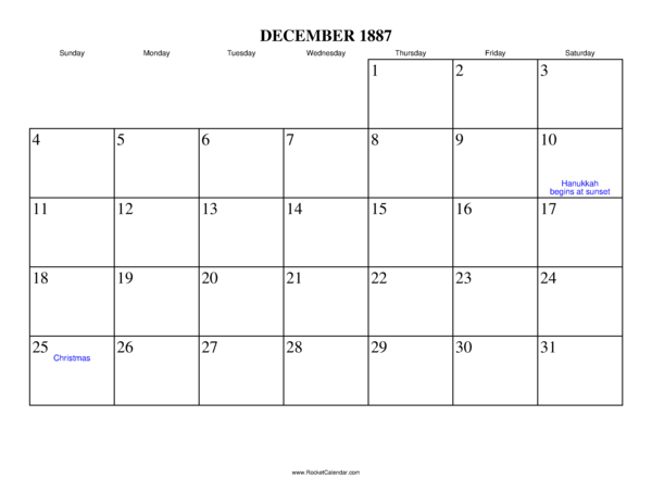 December 1887 Calendar