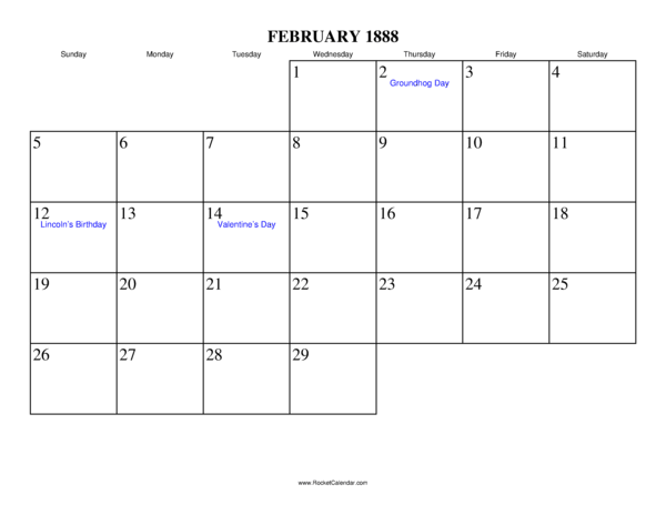 February 1888 Calendar