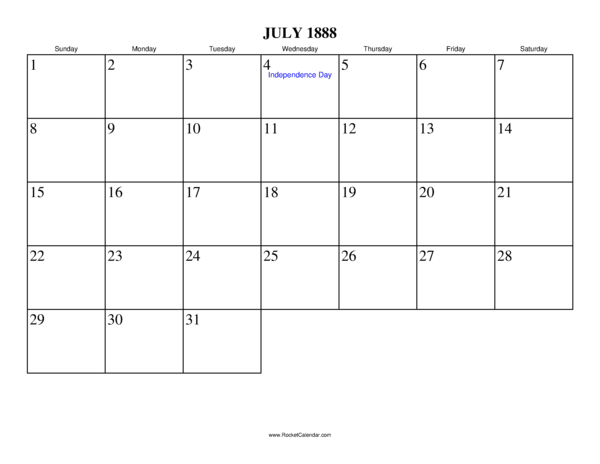 July 1888 Calendar