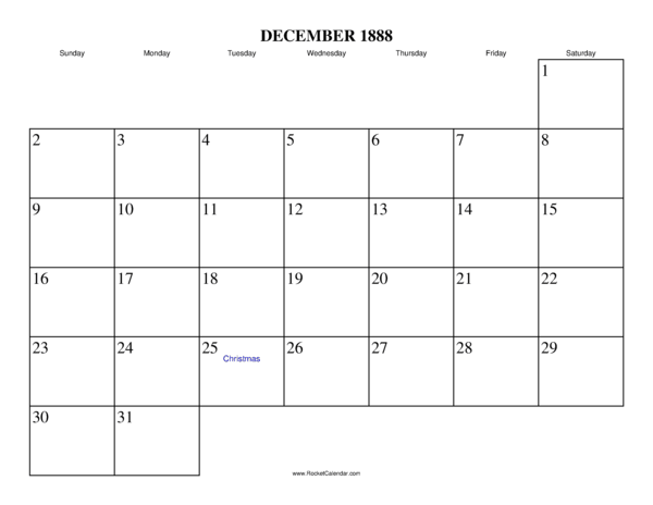 December 1888 Calendar