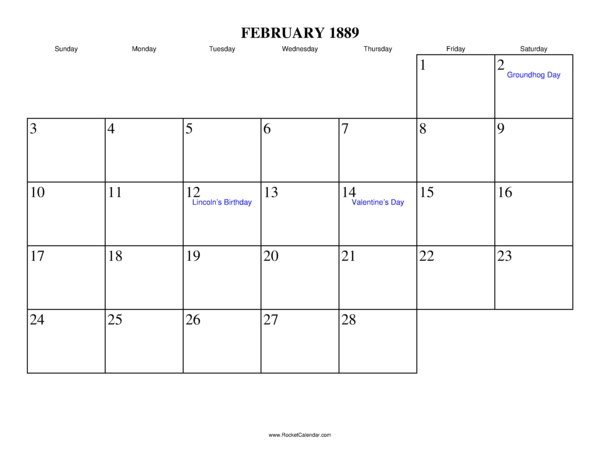 February 1889 Calendar