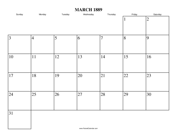 March 1889 Calendar