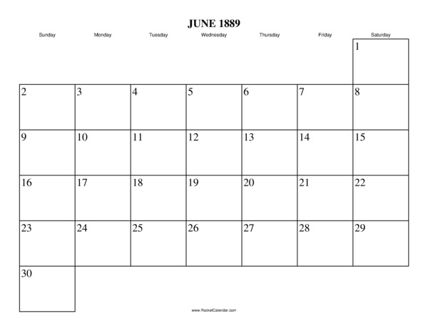 June 1889 Calendar