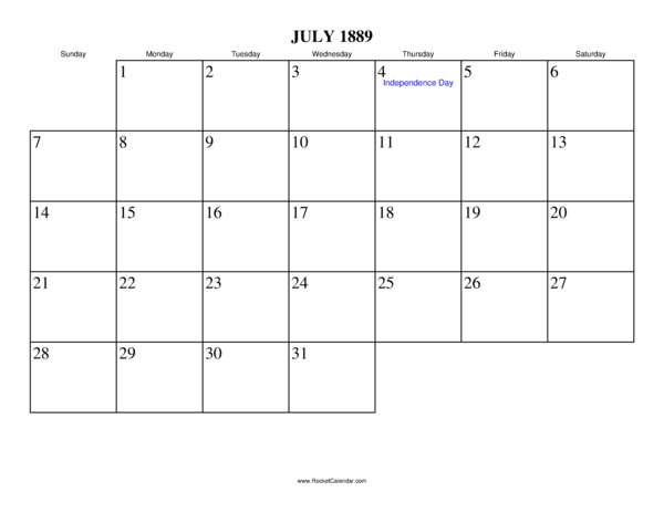 July 1889 Calendar
