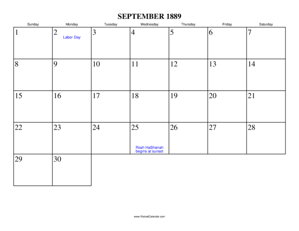 September 1889 Calendar