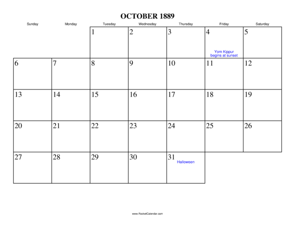 October 1889 Calendar