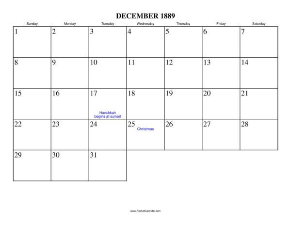 December 1889 Calendar