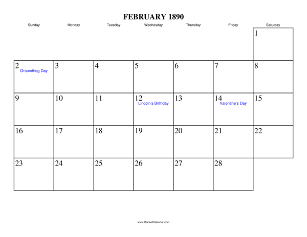 February 1890 Calendar