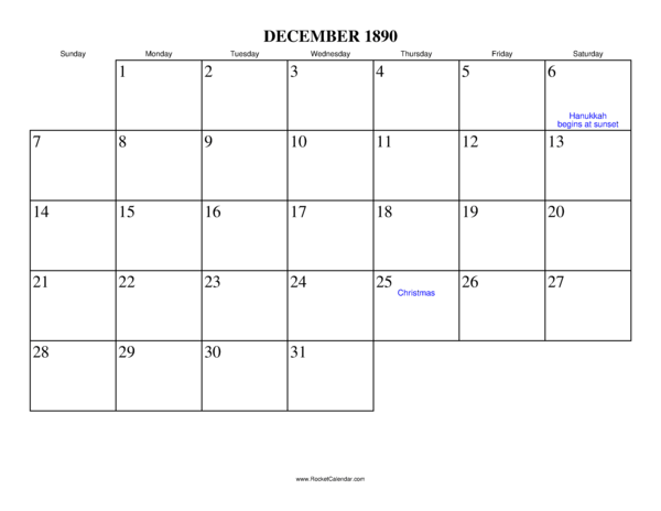 December 1890 Calendar