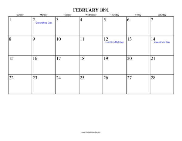 February 1891 Calendar