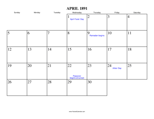 April 1891 Calendar