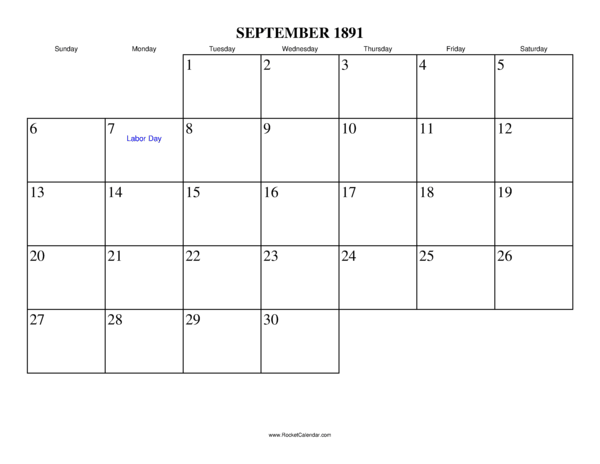 September 1891 Calendar