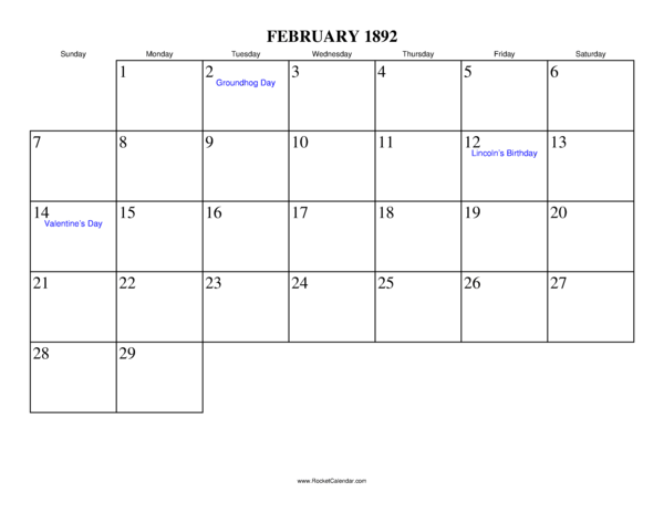 February 1892 Calendar