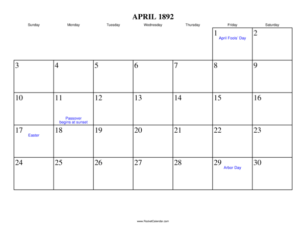 April 1892 Calendar