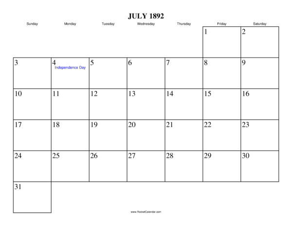 July 1892 Calendar