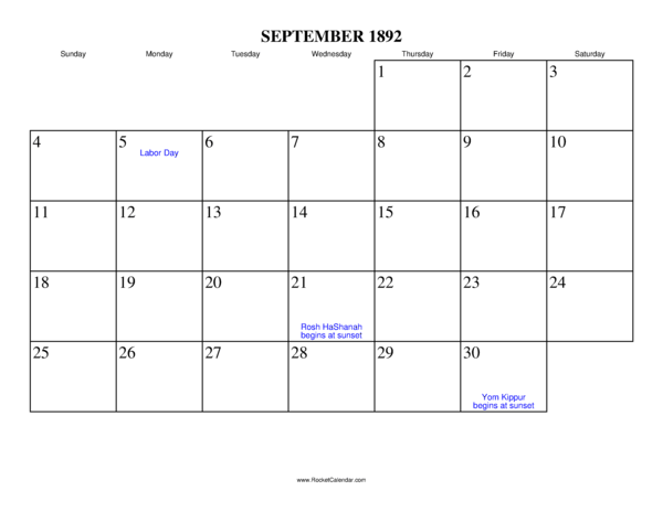 September 1892 Calendar