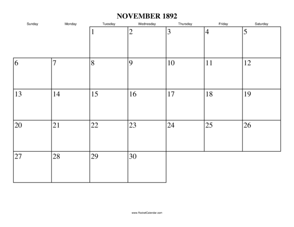 November 1892 Calendar