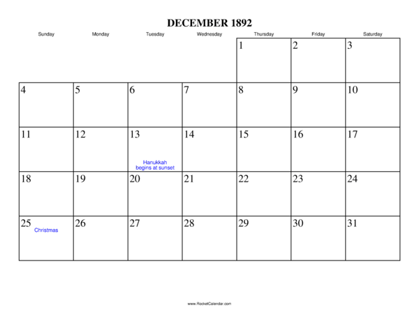 December 1892 Calendar