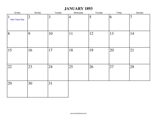 January 1893 Calendar