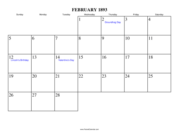 February 1893 Calendar