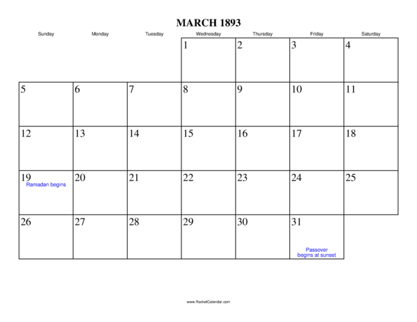 March 1893 Calendar