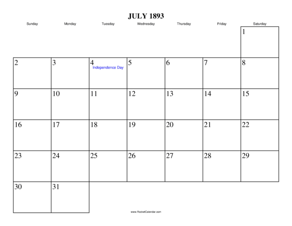 July 1893 Calendar