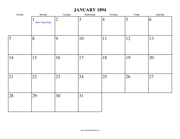 January 1894 Calendar