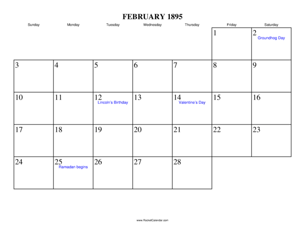 February 1895 Calendar