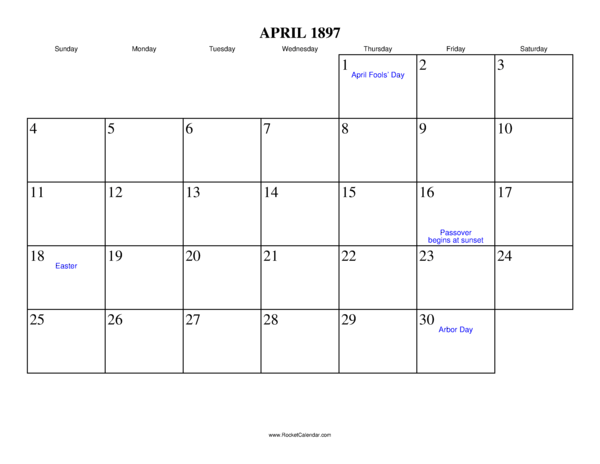 April 1897 Calendar