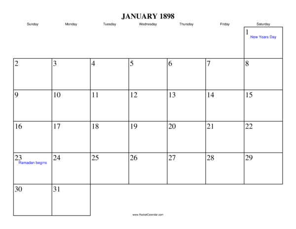 January 1898 Calendar