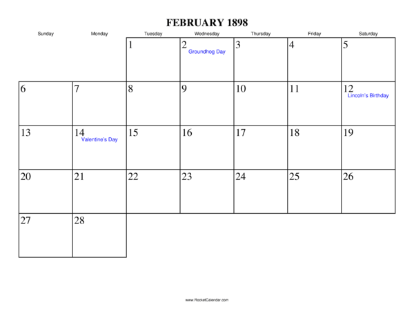 February 1898 Calendar