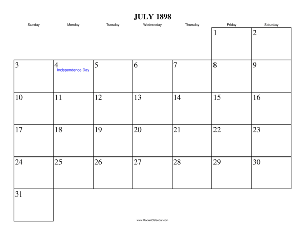 July 1898 Calendar