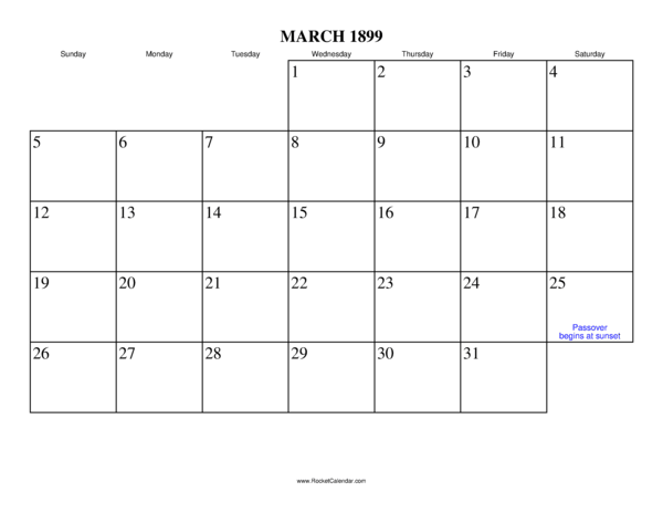 March 1899 Calendar