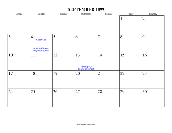 September 1899 Calendar