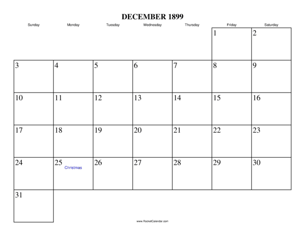 December 1899 Calendar