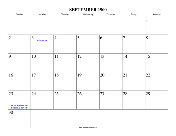 September 1900 Calendar