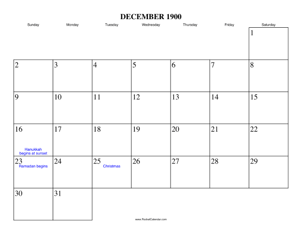 December 1900 Calendar