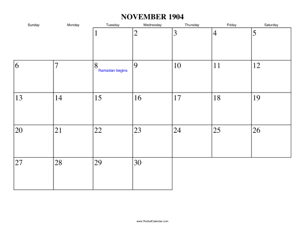 November 1904 Calendar