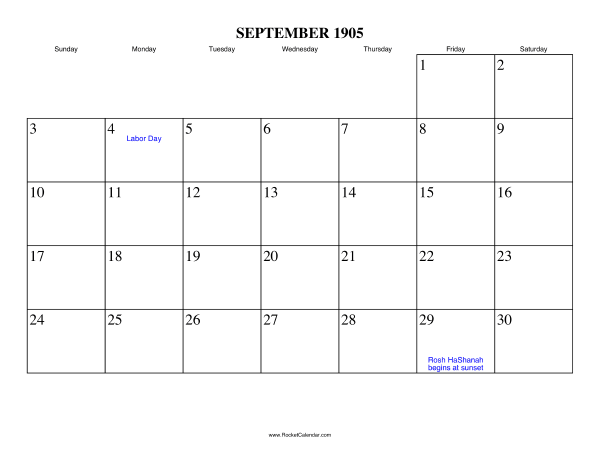 September 1905 Calendar