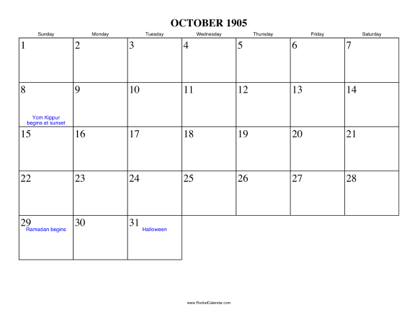 October 1905 Calendar