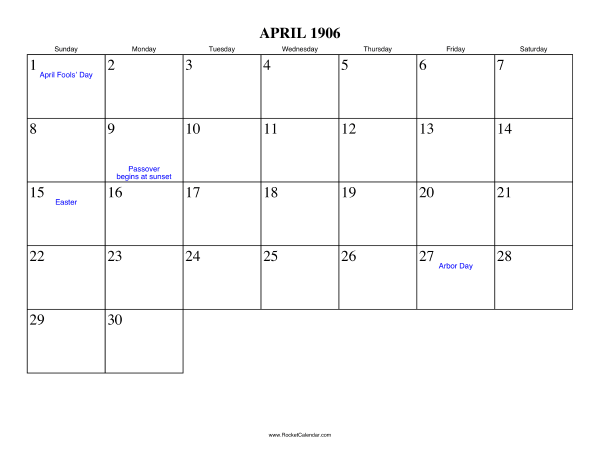 April 1906 Calendar