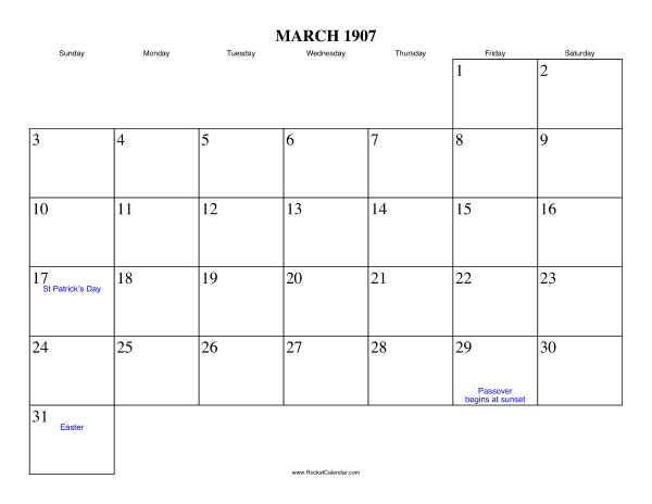 March 1907 Calendar