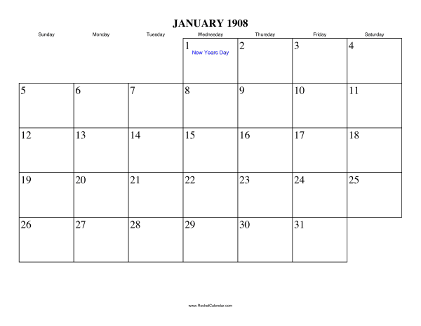 January 1908 Calendar