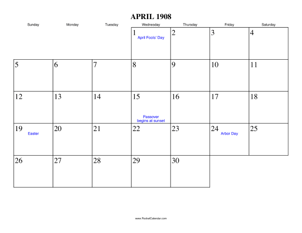 April 1908 Calendar