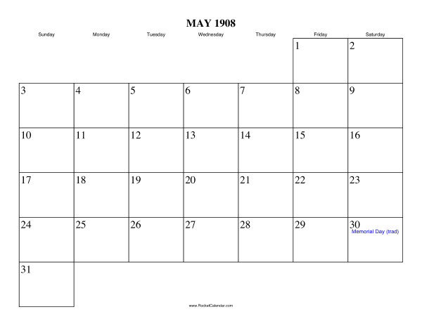 May 1908 Calendar