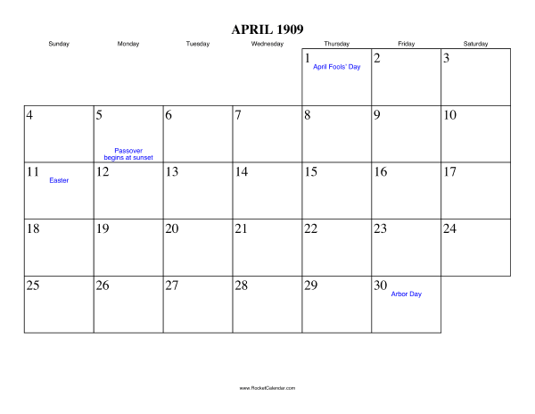 April 1909 Calendar